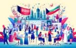 A vibrant scene celebrating Kuwaiti Women's Day at Ooredoo Kuwait. The image features a diverse group of women in a modern office setting, engaging in