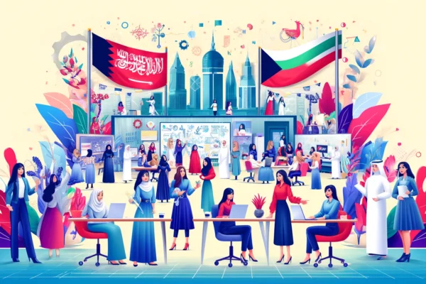 A vibrant scene celebrating Kuwaiti Women's Day at Ooredoo Kuwait. The image features a diverse group of women in a modern office setting, engaging in