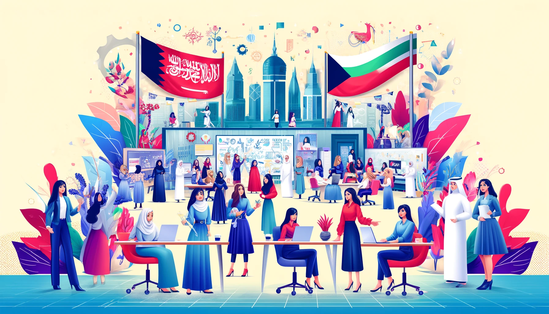 A vibrant scene celebrating Kuwaiti Women's Day at Ooredoo Kuwait. The image features a diverse group of women in a modern office setting, engaging in