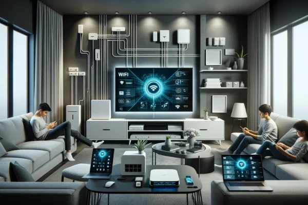 A sleek, modern living room with multiple devices such as laptops, smartphones, and smart TVs all connected seamlessly. Visible fiber optic cables dis