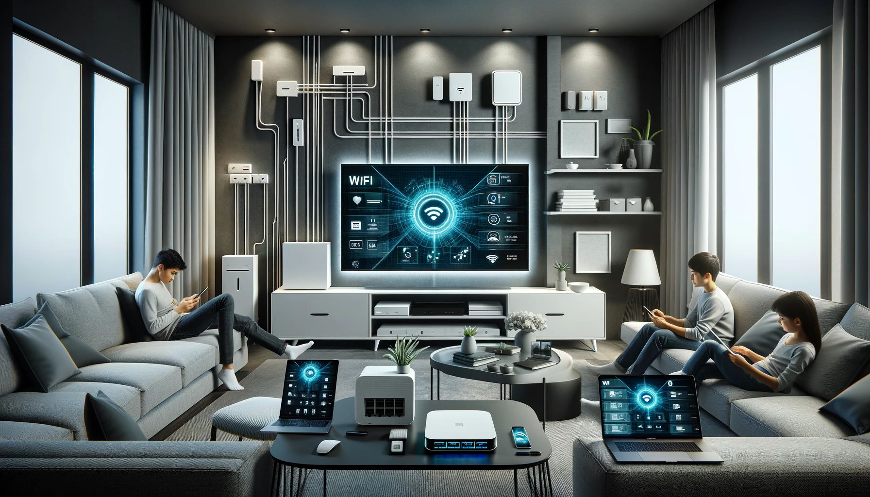 A sleek, modern living room with multiple devices such as laptops, smartphones, and smart TVs all connected seamlessly. Visible fiber optic cables dis