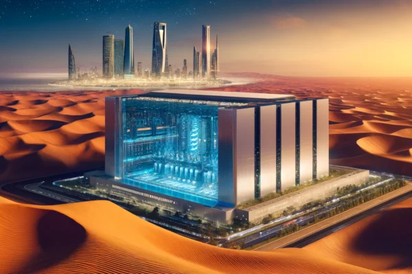 A high-tech landscape featuring a futuristic building with sleek, modern architecture, housing the first quantum computer in Saudi Arabia. The scene i