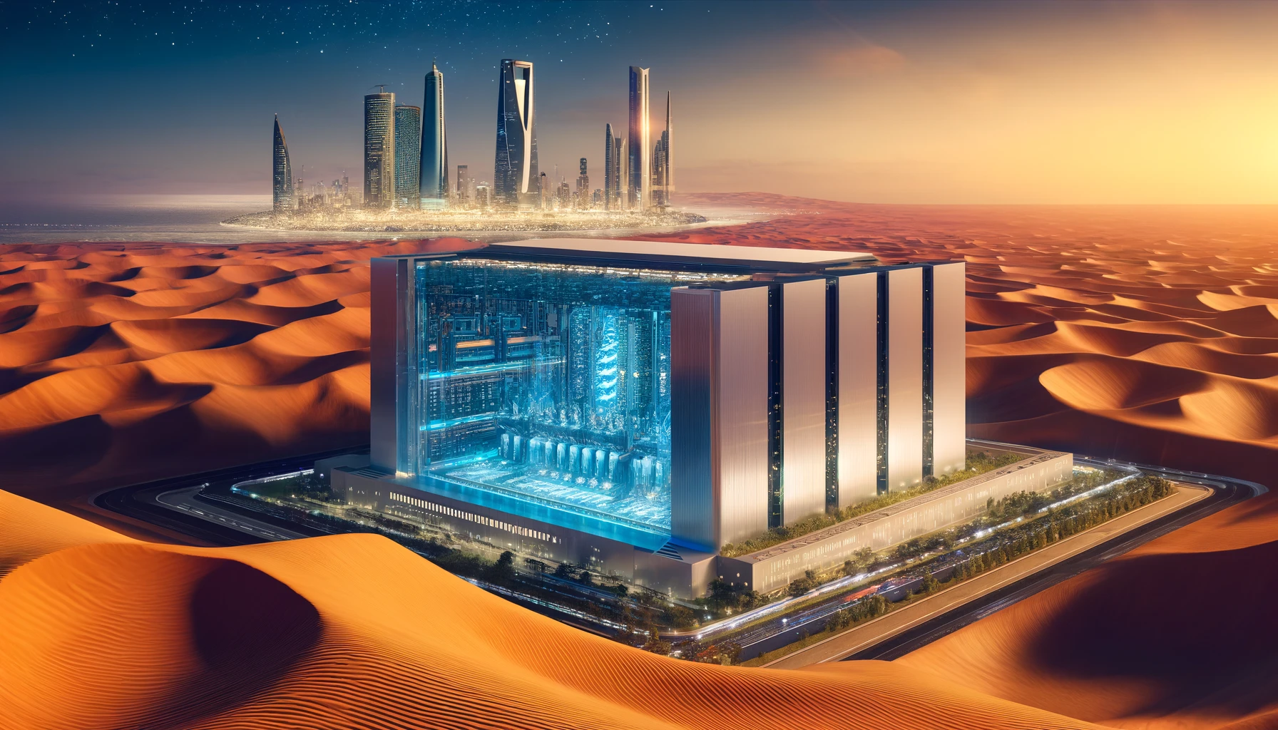 A high-tech landscape featuring a futuristic building with sleek, modern architecture, housing the first quantum computer in Saudi Arabia. The scene i