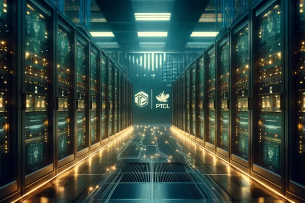 A modern data center with rows of servers and advanced technological infrastructure. The scene includes PTCL and Mashreq Pakistan logos subtly integral