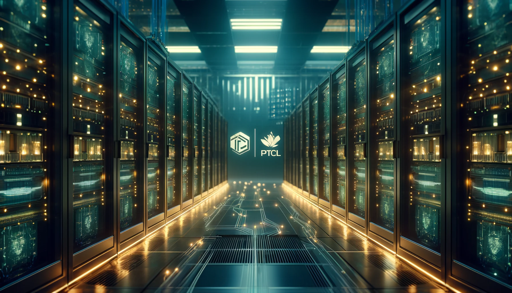 A modern data center with rows of servers and advanced technological infrastructure. The scene includes PTCL and Mashreq Pakistan logos subtly integral