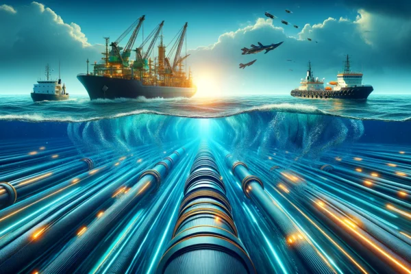 A high-tech subsea cable being laid underwater, with a background of the ocean merging into the coast of Bangladesh. The scene includes advanced equipment