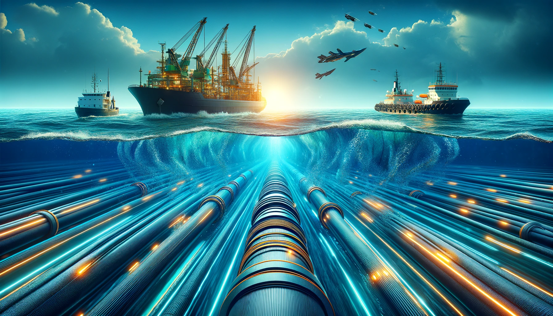 A high-tech subsea cable being laid underwater, with a background of the ocean merging into the coast of Bangladesh. The scene includes advanced equipment