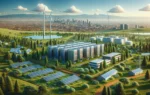 A high-tech green data center in Olkaria, Kenya, surrounded by lush greenery and geothermal energy plants. The scene includes modern data center build