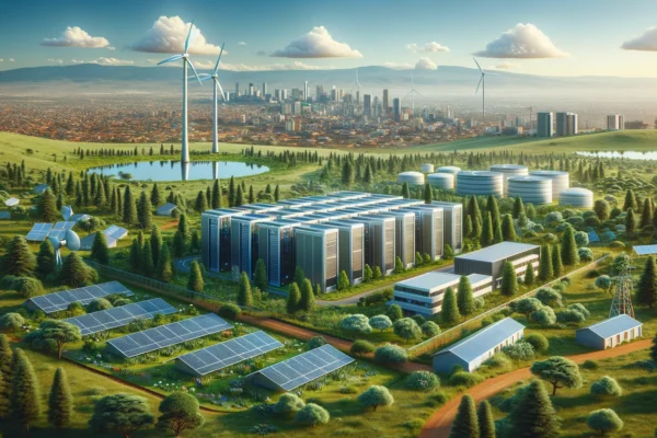 A high-tech green data center in Olkaria, Kenya, surrounded by lush greenery and geothermal energy plants. The scene includes modern data center build