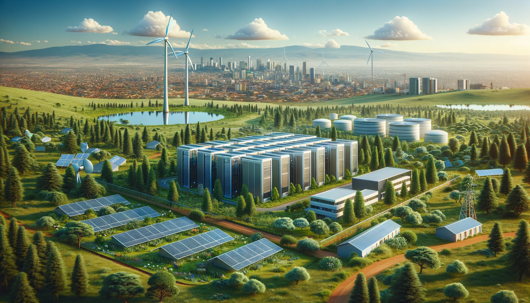 A high-tech green data center in Olkaria, Kenya, surrounded by lush greenery and geothermal energy plants. The scene includes modern data center build