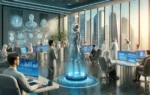 A high-tech office environment featuring AI avatars interacting with employees in various roles such as customer service, HR, and data analysis. The s