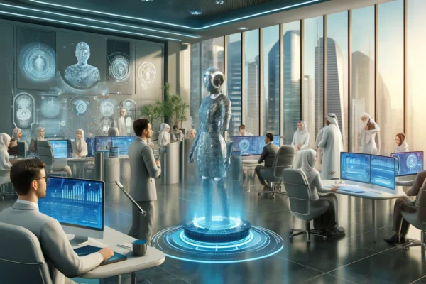 A high-tech office environment featuring AI avatars interacting with employees in various roles such as customer service, HR, and data analysis. The s