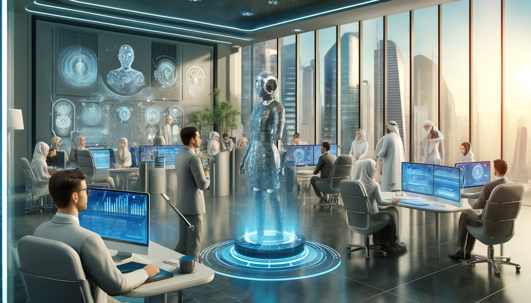 A high-tech office environment featuring AI avatars interacting with employees in various roles such as customer service, HR, and data analysis. The s