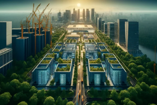 A state-of-the-art data centre under construction in Jakarta, Indonesia, featuring modern architecture surrounded by lush greenery. The scene includes