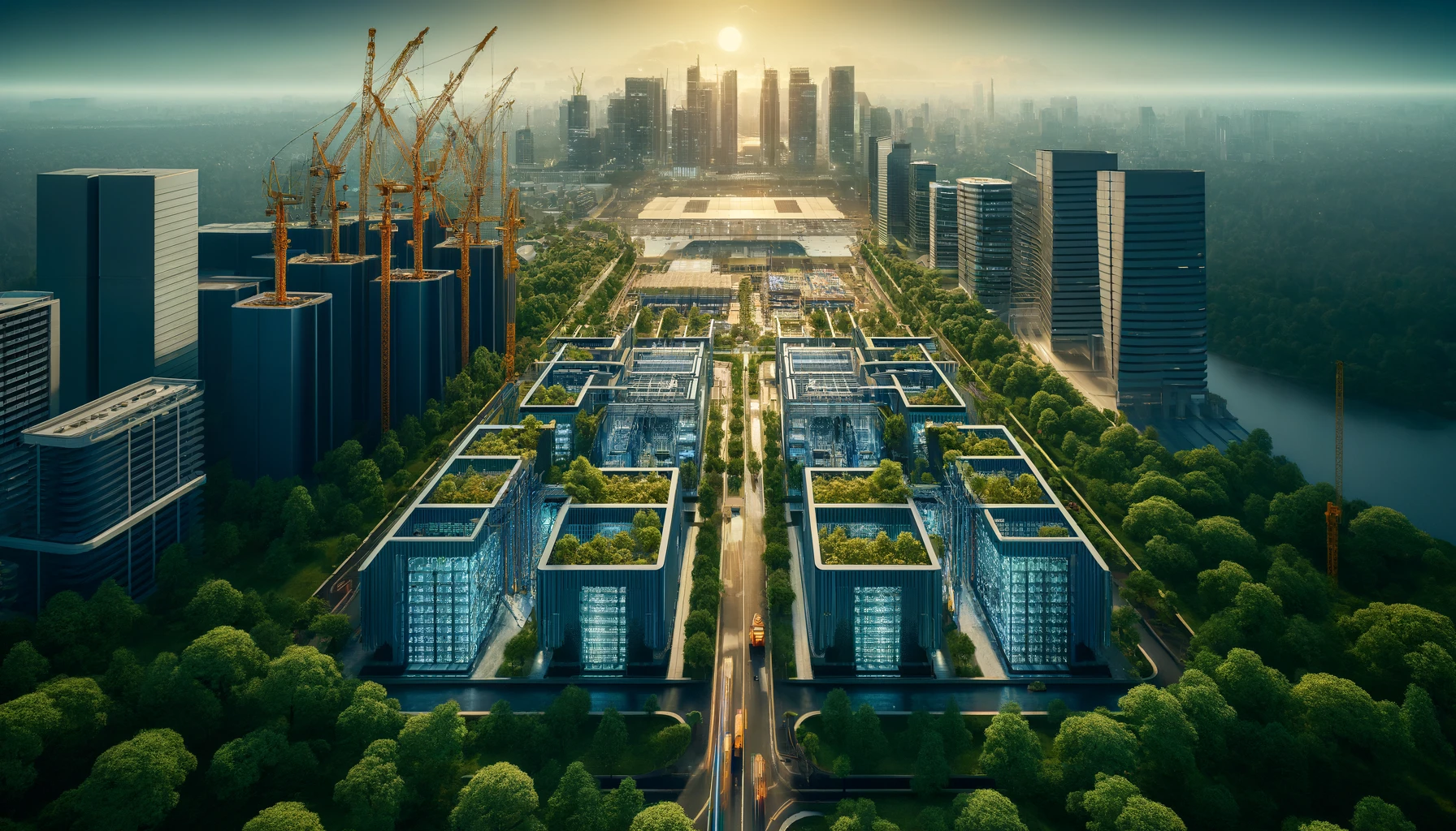 A state-of-the-art data centre under construction in Jakarta, Indonesia, featuring modern architecture surrounded by lush greenery. The scene includes