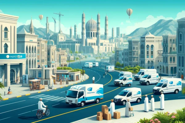 A modern cityscape of Oman with postal delivery vehicles and drivers in the foreground. The scene includes well-organized roads, advanced delivery van