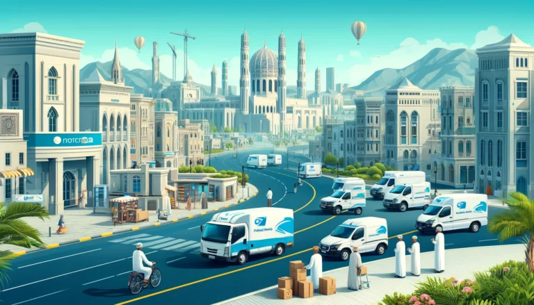 A modern cityscape of Oman with postal delivery vehicles and drivers in the foreground. The scene includes well-organized roads, advanced delivery van