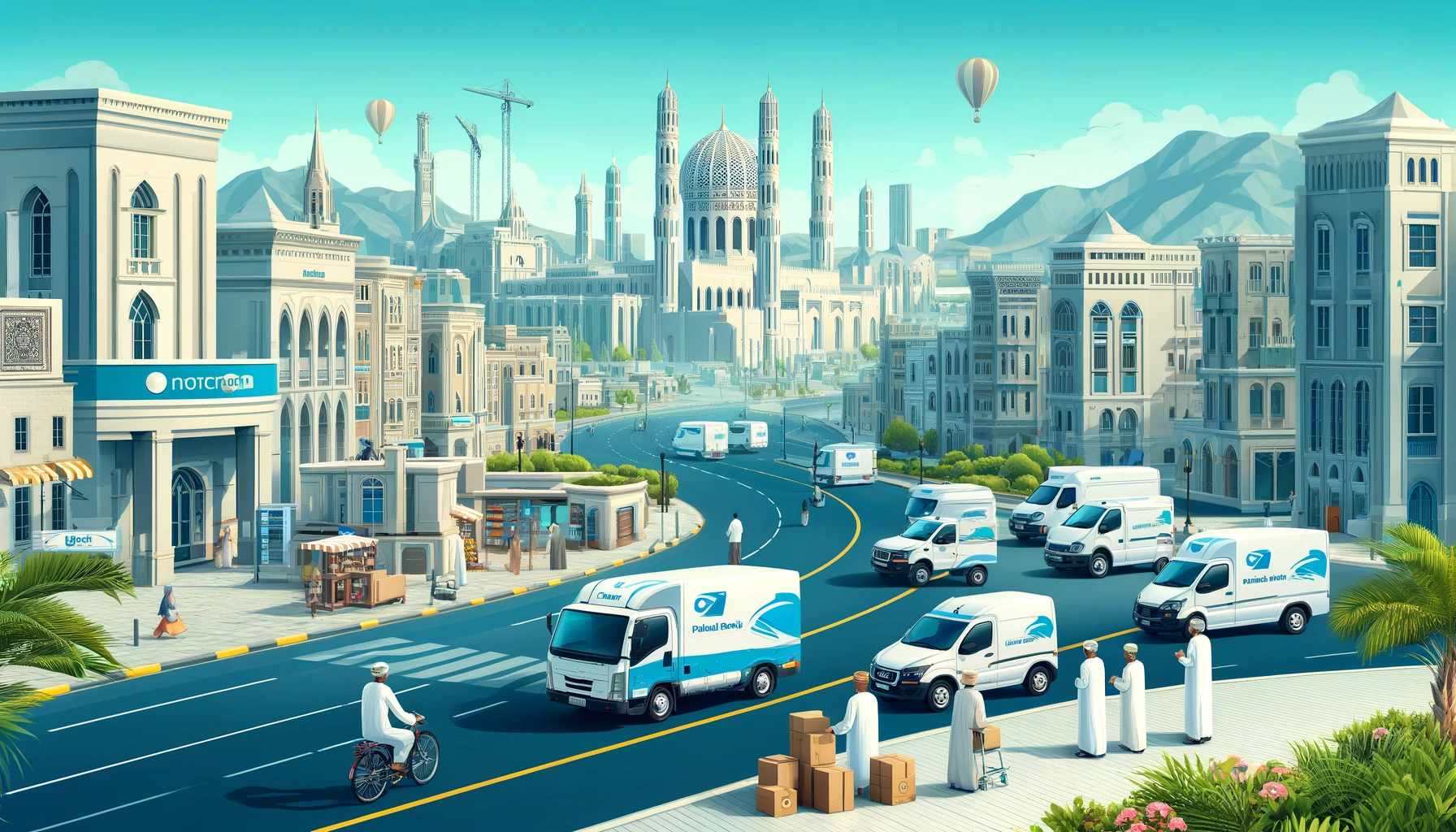 A modern cityscape of Oman with postal delivery vehicles and drivers in the foreground. The scene includes well-organized roads, advanced delivery van