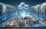 A high-tech environment showcasing a hybrid multi-cloud infrastructure with digital connectivity, featuring Qatar Airways aircraft and Ooredoo branding