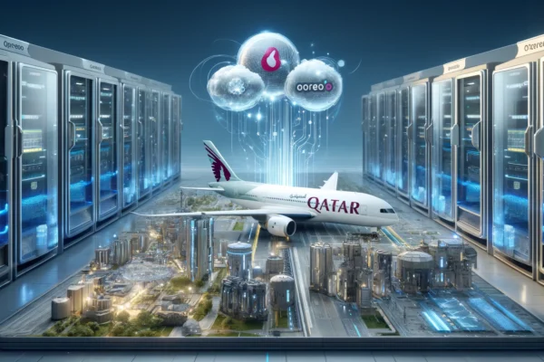 A high-tech environment showcasing a hybrid multi-cloud infrastructure with digital connectivity, featuring Qatar Airways aircraft and Ooredoo branding