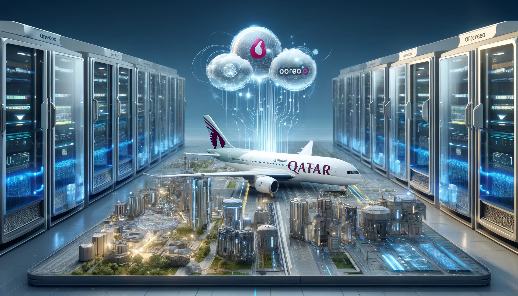 A high-tech environment showcasing a hybrid multi-cloud infrastructure with digital connectivity, featuring Qatar Airways aircraft and Ooredoo branding