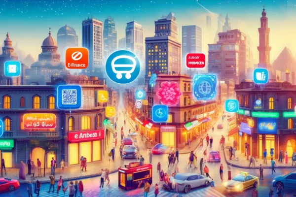 A vibrant cityscape of Cairo featuring modern digital payment technologies. The scene includes bustling streets with people using mobile wallets, QR code