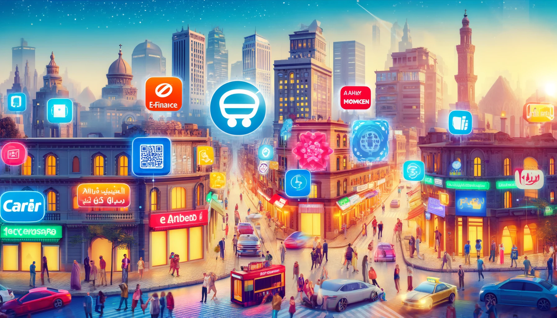 A vibrant cityscape of Cairo featuring modern digital payment technologies. The scene includes bustling streets with people using mobile wallets, QR code