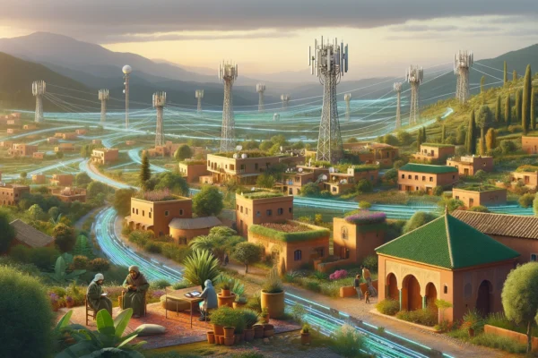 A picturesque rural landscape in Morocco with advanced internet connectivity elements. The scene includes traditional Moroccan architecture, lush green