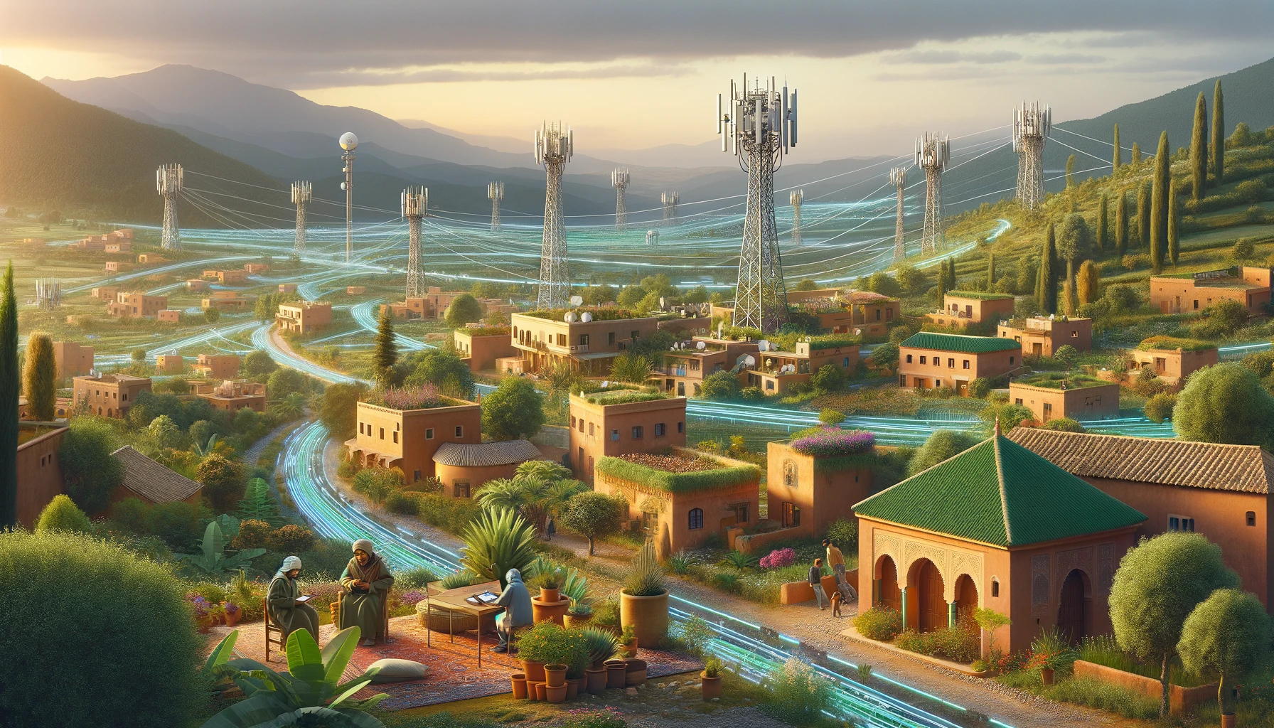 A picturesque rural landscape in Morocco with advanced internet connectivity elements. The scene includes traditional Moroccan architecture, lush green