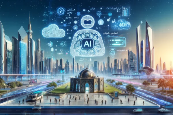 A high-tech digital landscape featuring advanced AI technology with Arabic script and symbols integrated. The scene includes futuristic cityscape element