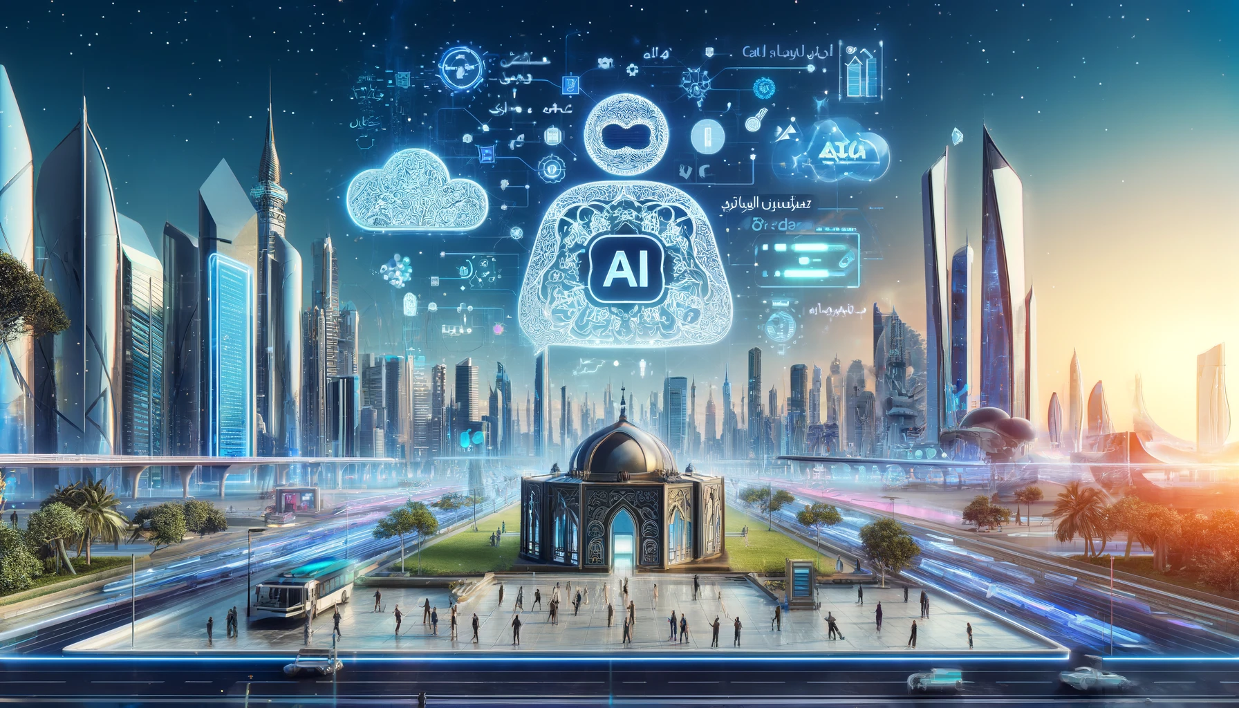 A high-tech digital landscape featuring advanced AI technology with Arabic script and symbols integrated. The scene includes futuristic cityscape element