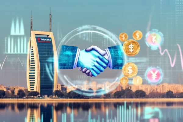 A modern financial scene featuring Telecom Egypt's headquarters with a backdrop of digital financial charts and currency symbols. The scene includes e