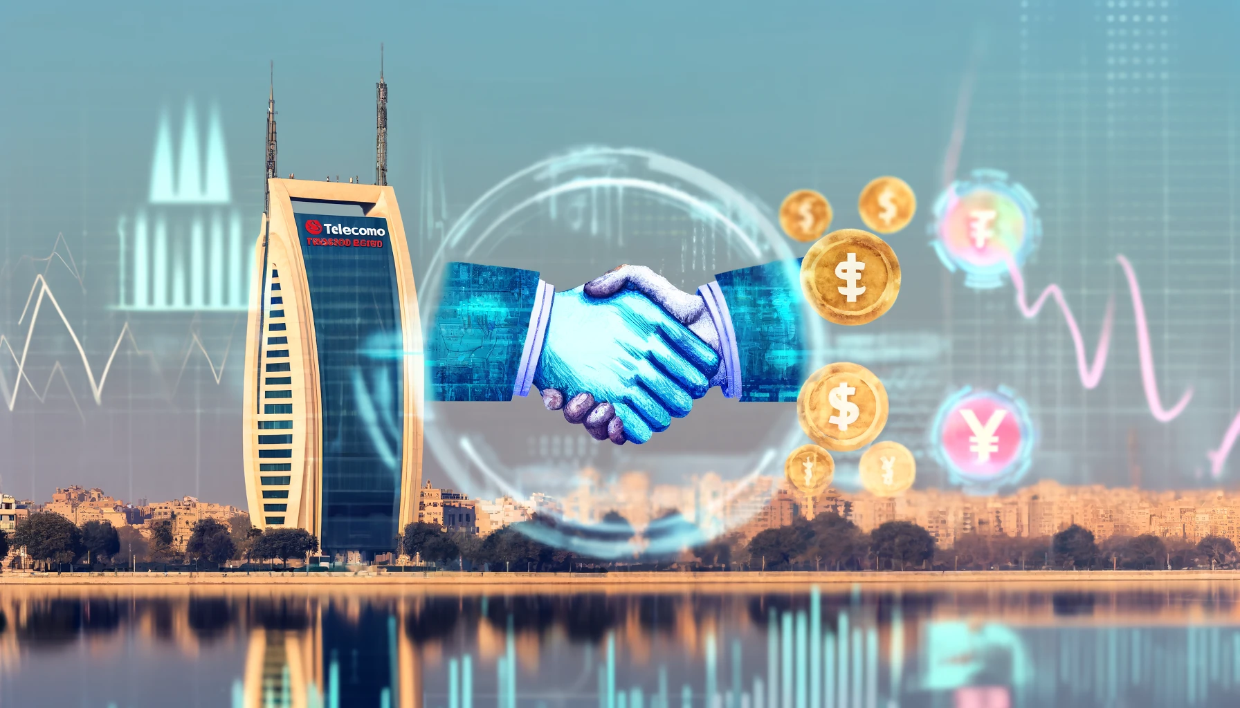 A modern financial scene featuring Telecom Egypt's headquarters with a backdrop of digital financial charts and currency symbols. The scene includes e