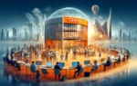 A dynamic scene featuring an Orange Digital Center with modern architecture, bustling with diverse startup teams working on innovative projects.