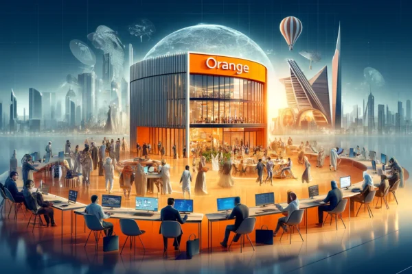 A dynamic scene featuring an Orange Digital Center with modern architecture, bustling with diverse startup teams working on innovative projects.