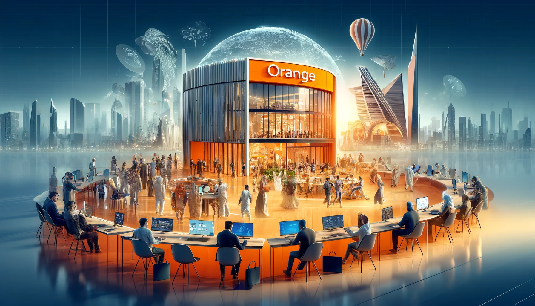 A dynamic scene featuring an Orange Digital Center with modern architecture, bustling with diverse startup teams working on innovative projects.