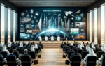 A dynamic scene at a digital commerce conference with a focus on the construction sector. The setting includes a modern conference hall with panel dis