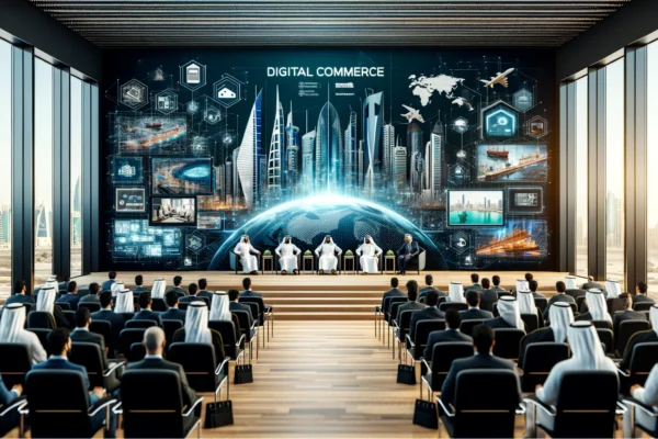 A dynamic scene at a digital commerce conference with a focus on the construction sector. The setting includes a modern conference hall with panel dis