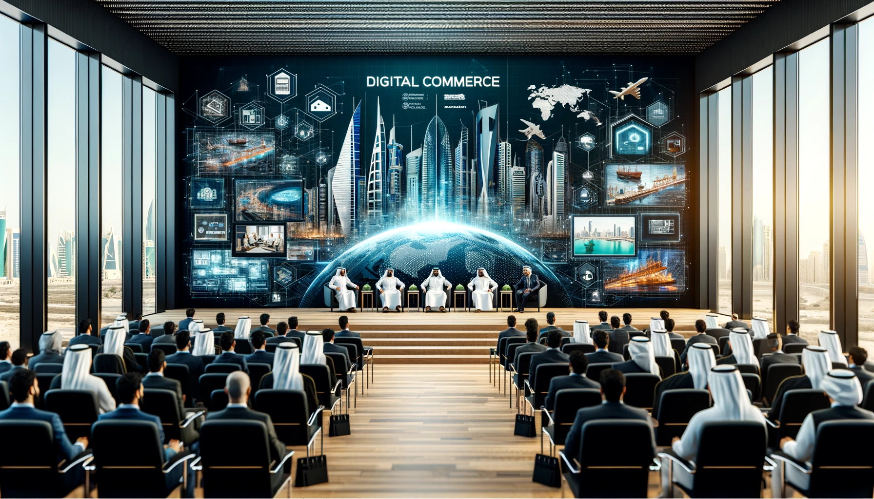 A dynamic scene at a digital commerce conference with a focus on the construction sector. The setting includes a modern conference hall with panel dis