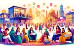 DA vibrant scene depicting a digital inclusion project launch event. The setting includes a diverse group of women and youth engaging with digital devi