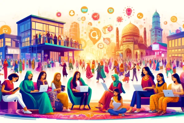 DA vibrant scene depicting a digital inclusion project launch event. The setting includes a diverse group of women and youth engaging with digital devi