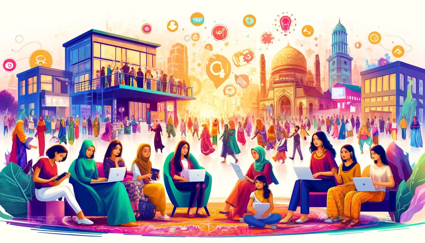 DA vibrant scene depicting a digital inclusion project launch event. The setting includes a diverse group of women and youth engaging with digital devi