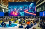 A vibrant scene at a technology forum in Kigali, featuring a diverse group of innovators, entrepreneurs, and industry leaders. The backdrop includes m