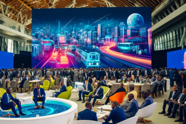 A vibrant scene at a technology forum in Kigali, featuring a diverse group of innovators, entrepreneurs, and industry leaders. The backdrop includes m