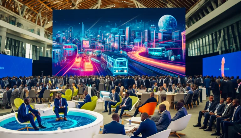 A vibrant scene at a technology forum in Kigali, featuring a diverse group of innovators, entrepreneurs, and industry leaders. The backdrop includes m