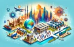 A vibrant scene depicting the expansion of a tech company into the GCC region. The setting includes modern logistics and supply chain operations with