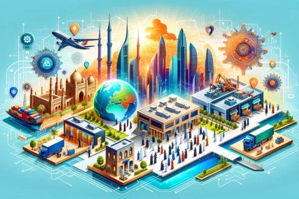 A vibrant scene depicting the expansion of a tech company into the GCC region. The setting includes modern logistics and supply chain operations with