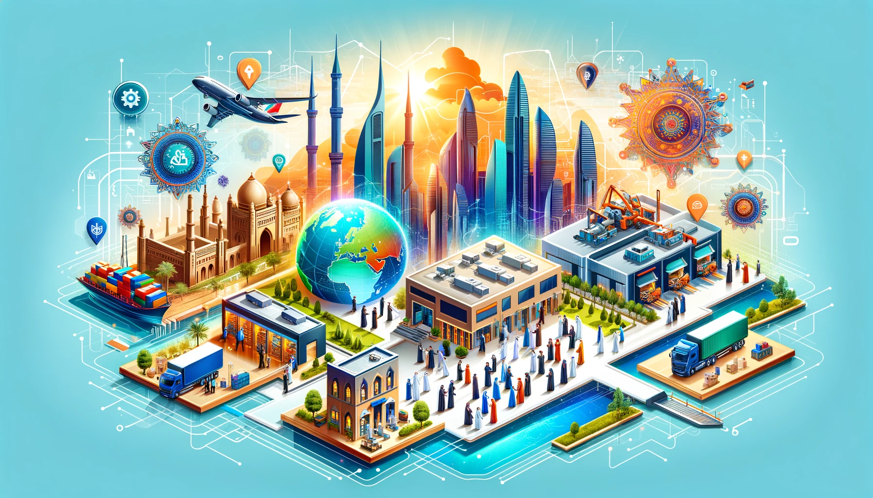 A vibrant scene depicting the expansion of a tech company into the GCC region. The setting includes modern logistics and supply chain operations with