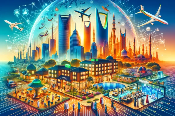 A vibrant scene depicting Mikenopa's expansion into Saudi Arabia. The setting includes modern hotels with advanced digital technology, diverse guests