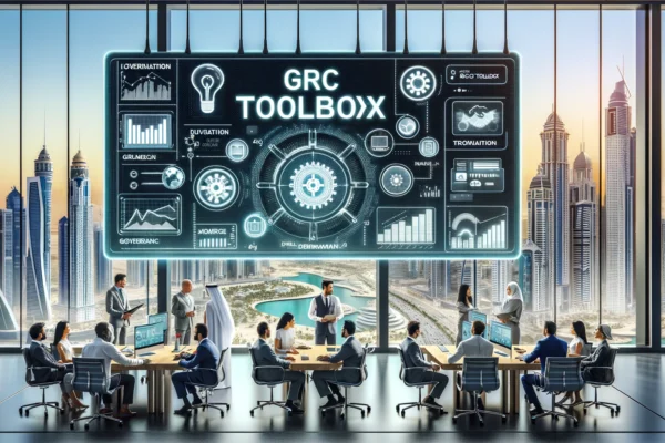 A modern office setting in Dubai Internet City, showcasing advanced technology and the GRC Toolbox interface on screens. The scene includes diverse pr